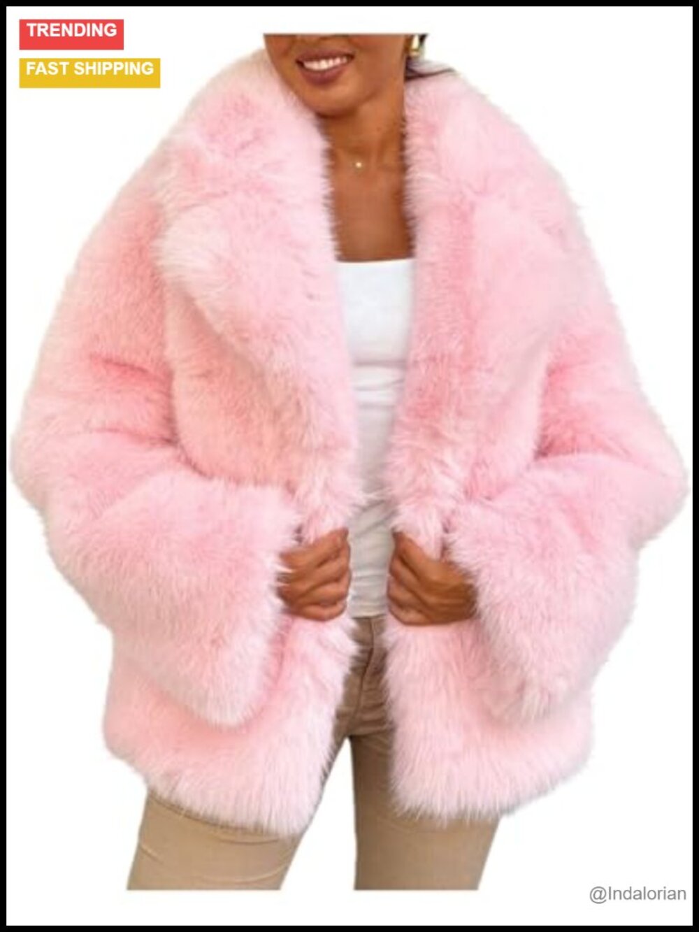 Faux Fur Coat Open Front Fluffy Shaggy Mid Length Winter Jacket